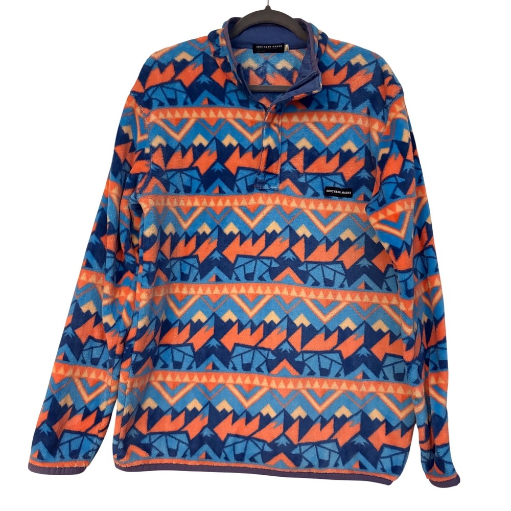 Southern Marsh Fairbanks Pullover Blue Orange Geometric Fleece‎ 1/4 Zip HGTN566